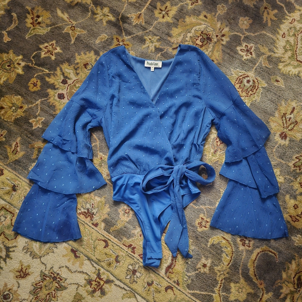 Peach Love California Blue Bell Sleeve Bodysuit. Size Med